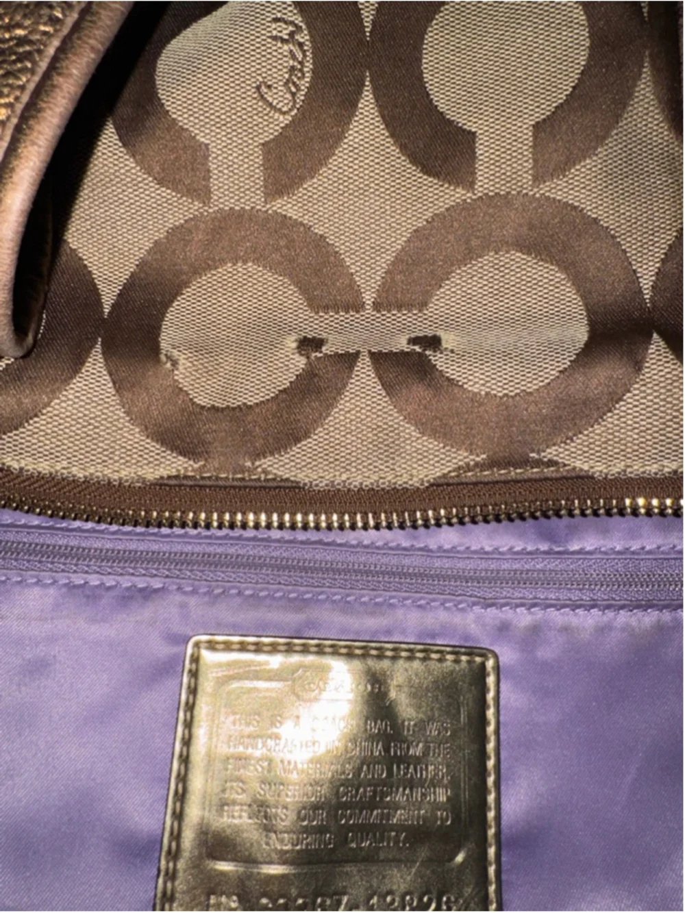 Coach Poppy Glam Op Art Tote Bag Bronze Metallic Trim Purple Satin Lining G0967-